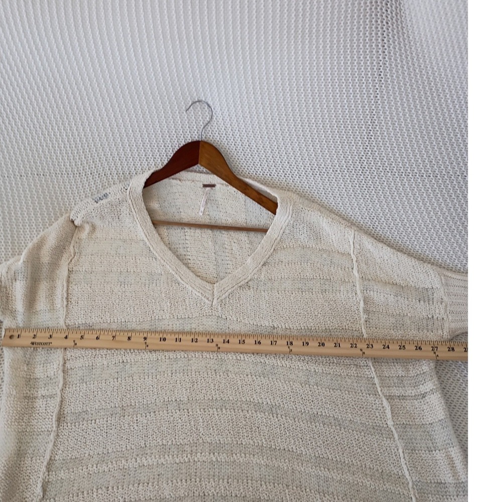 Free People Oversized Boho Open Knit Tunic Sweater Cream Striped V-Neck S/M - Picture 6 of 12